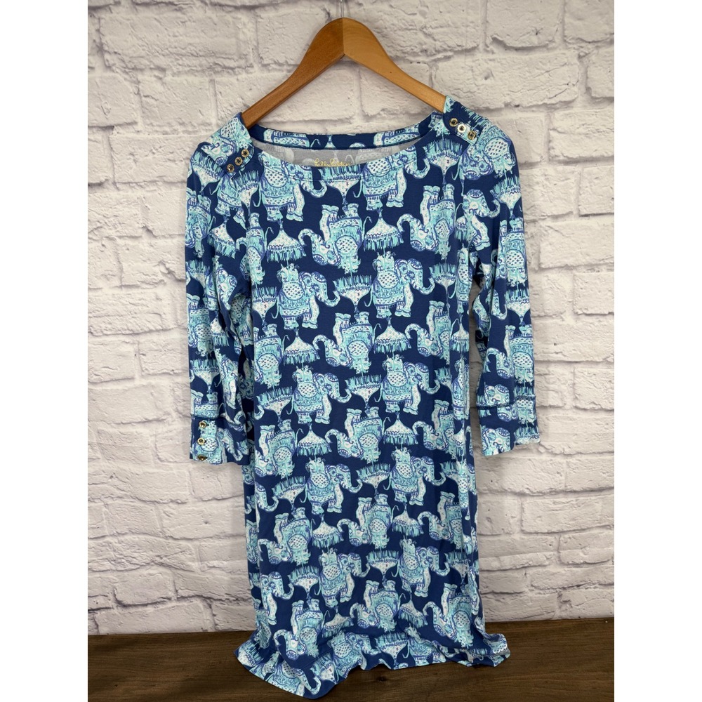 Lilly‎ Pulitzer Sofi Dress Get Trunky Elephant Print 3/4 Sleeve Knit Size L
